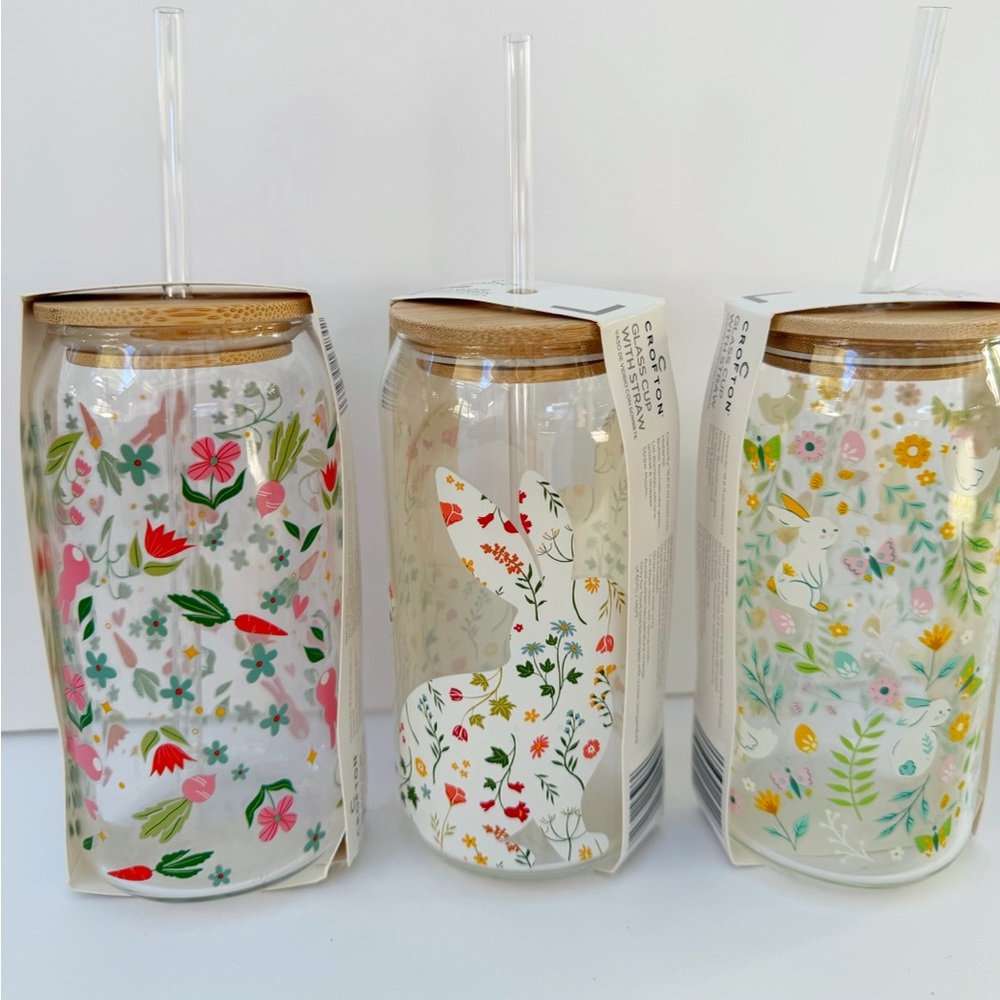 CROFTON Spring Glass Cup with Lid Set of 3